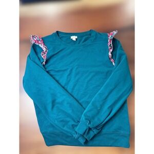 J. Crew Womens Green Floral Ruffle Shoulder Long‎ Sleeve Sweatshirt